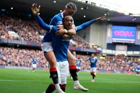 Rangers' Derek Cornelius (front) celebrates with Thelo Aasgaard after scoring against Kilmarnock on Sunday. (Photo by Robert Perry/PA Wire)