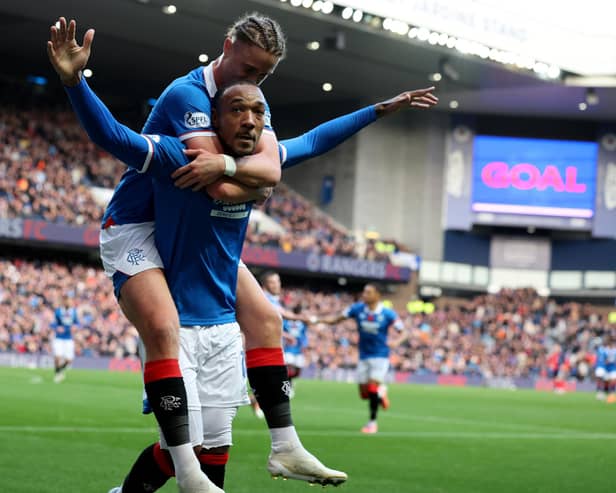 Rangers' Derek Cornelius (front) celebrates with Thelo Aasgaard after scoring against Kilmarnock on Sunday. (Photo by Robert Perry/PA Wire)