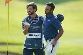 Shubhankar Sharma reacts on the 18th green after completing his round during day two of the 2023 Horizon Irish Open at The K Club, County Kildare