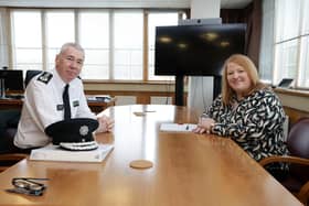 Justice Minister Naomi Long held a meeting with Jon Boutcher, Chief Constable of the Police Service of Northern Ireland today. The Minister said: “It was good to meet with the Chief Constable and I look forward to working with him and his team as we address policing issues in Northern Ireland.  We discussed a range of issues facing policing at the moment including police pay, budget and policing numbers.” Photo by Kelvin Boyes / Press Eye