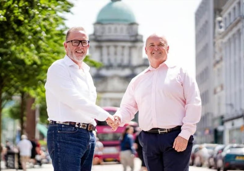 Technology company ubloquity has teamed up with award-winning global street furniture designer and supplier Environmental Street Furniture (ESF) to launch a new Digital Product Passport platform designed to improve product transparency, sustainability reporting and lifecycle management. Pictured are Kieran Kelly, founder & CEO, ubloquity and Alan Lowry, CEO, Environmental Street Furniture at Belfast City Hall