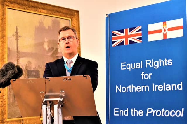 DUP leader Sir Jeffrey Donaldson speaking at a fringe event at the Conservative Party Conference in Manchester. Picture date: Monday October 4, 2021.