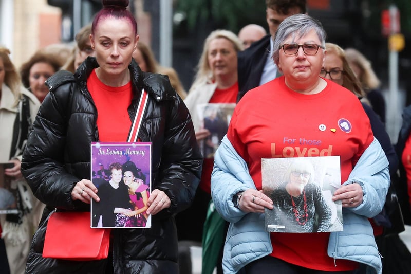 Martina Ferguson(left) who lost her mum Ursula and Brenda Doherty who lost her mother Ruth pictured walking the families in. Photo by Jonathan Porter/Press Eye