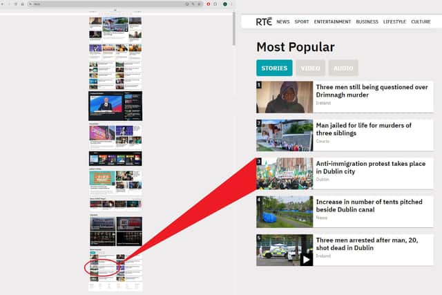 This image shows the whole of the RTE homepage as of about 3pm today in the left hand column, with the 129-word report on the protest circled