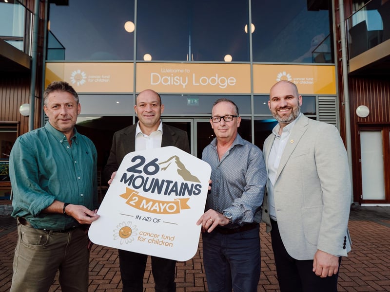 Challenge organiser and CEO of Axial 3D in Belfast, Roger Johnston, rugby legend and trustee of Cancer Fund for Children, Rory Best, challenge participant and managing director of CRN Financial Group, Graeme Neill and CEO of Cancer Fund for Children and Phil Alexander at Cancer Fund for Children’s therapeutic short break centre, Daisy Lodge