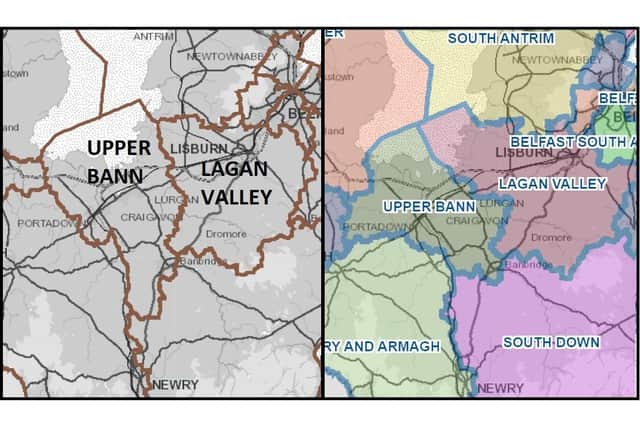 How Upper Bann and Lagan Valley look now (left) and how they will look after the changes (right - Upper Bann is in olive, and Lagan Valley in pink)
