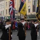 Royal British Legion standard bearers at the Londonderry War Memorial. INLS4610-198KM