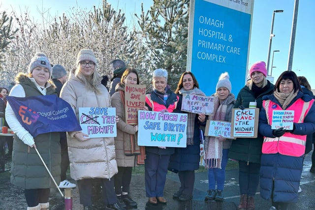 Midwives based at Omagh Hospital, including Brenda Given, Aoibheann Laird, Aileen McCann, Anne Marie Grimes, Donna Conroy, Ciara McElholm, Celine Curran and Donna Kelly, take to the picket line in Omagh, Co Tyrone, as an estimated 150,000 public sector workers take part in walkouts over pay across Northern Ireland.