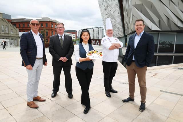 Over 65% of businesses in the hospitality, foodservice, manufacturing and retail sectors say skills gaps are affecting their bottom line. The information was revealed in a recent by IFEX, NI’s largest hospitality and foodservice trade event, which was carried out to inform planning and feature requirements ahead of the next IFEX event – taking place from the March 5-7 2024. Pictured are Colin Neill, Hospitality Ulster, Toby Wand, managing director of 365 Events, organisers of IFEX, Emma Mcllveen, Sean Owens, IFEX Salon Culinaire director and Glyn Roberts, Retail NI