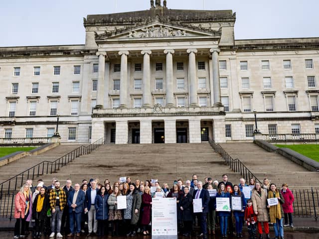 Campaigners call for action on child poverty at Stormont. Credit: Hannah Christie at Hyperfocus Creative