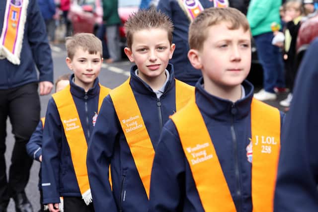PACEMAKER, BELFAST, 2/4/2024: Members of Woodburn Young Defenders JLOL 258 taking part in the Junior Orange parade in Ballymoney, Co. Antrim today.PICTURE BY STEPHEN DAVISON