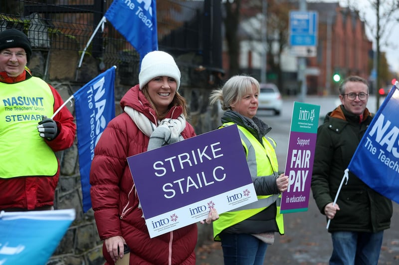 St Dominics teaching staff on the picket line in west Belfast  on Wednesday as Most schools in Northern Ireland are expected to be closed until midday on Wednesday due to a strike.