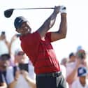 Tiger Woods of the United States plays his shot from the 15th tee during the final round of the Hero World Challenge at Albany Golf Course on December 03, 2023 in Nassau, Bahamas. (Photo by Mike Ehrmann/Getty Images)