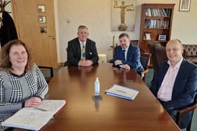 From left, Dr Margaret O'Brien from the Departrment of Health Strategic Planning and Performance Group; UUP representatives Robin Swann MLA and Keith Turner, and Peter May, Permanent Secretary at the Department of Health, at their meeting in January.