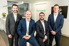Corporate law firm A&L Goodbody (ALG) has appointed three newly qualified solicitors to its 130-strong team of lawyers and business support professionals in Northern Ireland.  Pictured are Andrew McClintock, solicitor, David Rowan, head of corporate, Adam Magill, solicitor and Matthew Nesbitt, solicitor