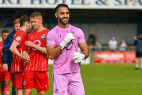 Loughgall goalkeeper Berraat Turker celebrates after keeping a clean sheet against Newry City in their Sports Direct Premiership opener at the Newry Showgrounds. PIC: Andrew McCarroll/ Pacemaker Press