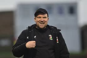 Glentoran manager Warren Feeney enjoying Saturday's 8-2 win over Newry City at the Oval. (Photo by Arthur Allison/Pacemaker Press)