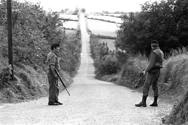 Irish soldiers on patrol in country lane on a Londonderry border road - Pacemaker Press Intl,  7th Sept., 1980