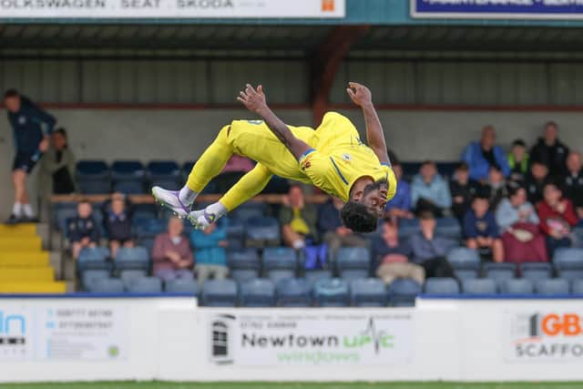 Leo Alves celebrates putting Dungannon Swifts ahead in their win against Limavady United. (Photo by Desmond Loughery/Pacemaker Press)