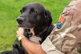 An army member with his pet dog Luna, at their service family accommodation in Whittington Barracks, Lichfield.