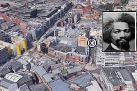 The rough location of the new statue of Frederick Douglass (inset); the image shows Lombard Street in Belfast, with Royal Avenue the next street over on the left, and High Street running beneath it (the yellow-clad scaffolding of the burnt-out Primark building can be seen on the far left of the image)