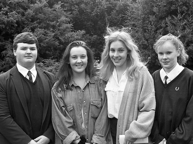 Pictured at the end of February 1992 are prizewinners at the Dunmurry High School certificate day, included are Laurence Harvey, Cheryl Dougan, Lesley Carleton and Adelle Moore. Picture: News Letter archives