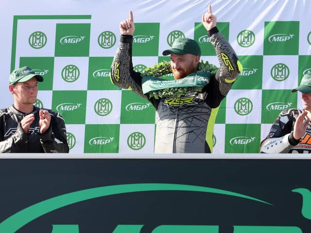 Donegal's Caomhan Canny celebrates his Senior Manx Grand Prix victory in 2025. (Photo by Stephen Davison/Pacemaker Press)