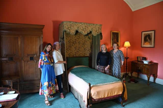 Claire Magill ACR, Regional Conservator, National Trust; Emily O'Reilly, Freelance Paper Conservator; Nicola Walker, Senior National Conservator - Paper & Photography, National Trust;  Rosamund Weatherall, Senior Textile Conservator, National Trust, by the Naples bed-hangings, a rare set of paper curtains which have gone on display at Mount Stewart in Co Down following a major restoration project by the National Trust.  Photo: National Trust/PA Wire