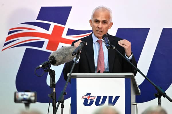 Brexit campaigner Ben Habib speaking to the TUV party conference in Cookstown on Saturday. He said that the "establishment had already accepted that the price of Brexit is Northern Ireland and they were prepared to throw Northern Ireland under a bus"  Photo: Oliver McVeigh/PA Wire