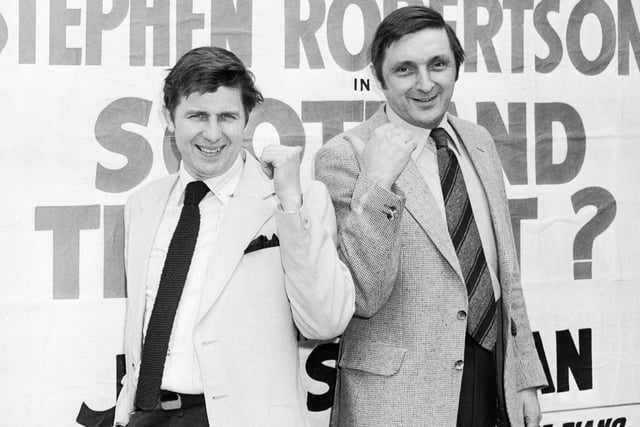 Stephen Robertson and Buff Hardie, two members of the comedy trio Scotland The What? outside the theatre in May 1980.