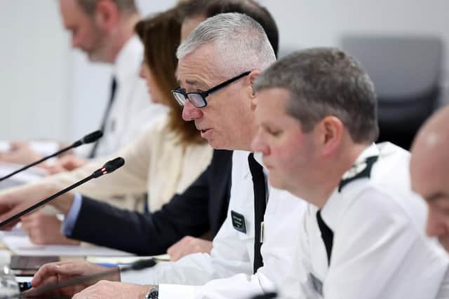 PSNI Chief Constable Jon Boutcher (in glasses) at Thursday’s Policing Board monthly public meeting at the offices in the Gas Works, Belfast. Pic: Jonathan Porter/PressEye