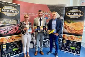 Historic Northern Ireland school has ‘cooked up’ a surprising sponsorship link with a fourth generation family butchers. Pictured are Mrs Emma Beverland (Rainey Endowed Home Economics teacher), Mr Mark McCullough (Rainey Endowed Principal) and Mr Paul Gibson (McKee's managing director)