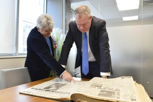 News Letter political editor Henry McDonald pictured with former NI Minister Conor Burns at the News Letter office in Belfast in March 2022