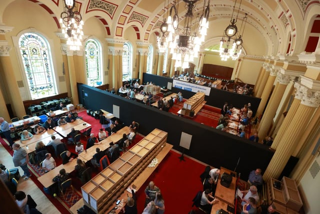 Ballot papers begin to be counted at Belfast City Hall for the Northern Ireland council elections