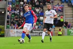 Linfield’s Daniel Finlayson and KF Vllaznia’s Esat Mala during a Europa Conference League qualifier at Windsor Park in Belfast. PIC: Colm Lenaghan/ Pacemaker Press