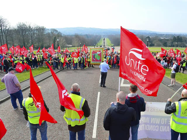 A rally at Stormont in March last year by members of the Unite trade union.
Picture By: Arthur Allison/Pacemaker Press.