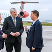 Economy Minister Conor Murphy and Infrastructure Minister John O'Dowd with  Steve Frazer, Managing Director, City of Derry Airport, at the announcement of funding to protect the continuation of flights from the airport to London Heathrow. Photo: Lorcan Doherty/PA Wire