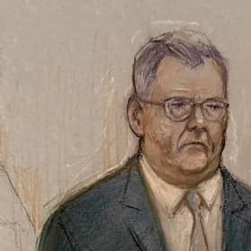 Court artist drawing by Elizabeth Cook of former DUP leader Jeffrey Donaldson appearing at Newry Crown Court, where he has been jailed for 15 years for 18 sex offences. Thursday October 15, 2026. (Elizabeth Cook/the Press Association).