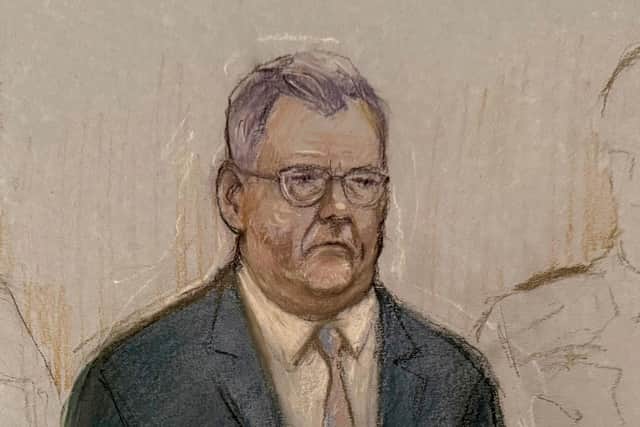 Court artist drawing by Elizabeth Cook of former DUP leader Jeffrey Donaldson appearing at Newry Crown Court, where he has been jailed for 15 years for 18 sex offences. Thursday October 15, 2026. (Elizabeth Cook/the Press Association).