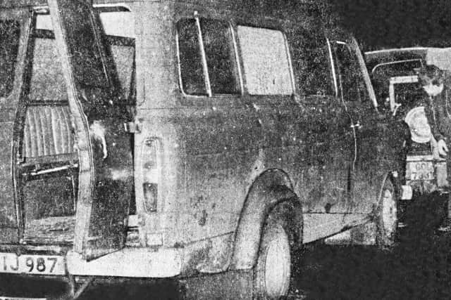 The bullet riddled minibus in which the murdered workers were travelling stands at the side of the lonely country road where the massacre occurred at Kingsmills outside Whitecross. Ten protestant work men were shot dead by the Provisional IRA.