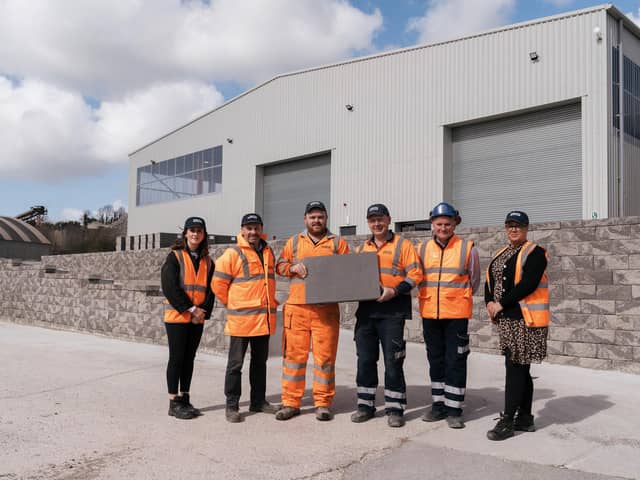 Leading paving and building product manufacturer AG has officially opened a new factory in Fivemiletown, following a major £3m investment. Pictured are Alana Finn, William Menary, Mark Wilson, David Irwin, Stephen Acheson, Lisa Fenner