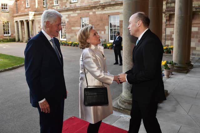 Former US president Bill Clinton (left) and Hillary Clinton greet Northern Ireland Secretary Chris Heaton-Harris as they arrive for a gala dinner at Hillsborough Castle, Co Down, at the end of the international conference marking the 25th anniversary of the Belfast/Good Friday Agreement. Picture date: Wednesday April 19, 2023.