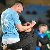 Calvin McCurry celebrates after scoring a decisive goal in Ballymena United's play-off against Institute. PIC: Andrew McCarroll/ Pacemaker Press