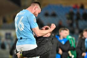 Calvin McCurry celebrates after scoring a decisive goal in Ballymena United's play-off against Institute. PIC: Andrew McCarroll/ Pacemaker Press
