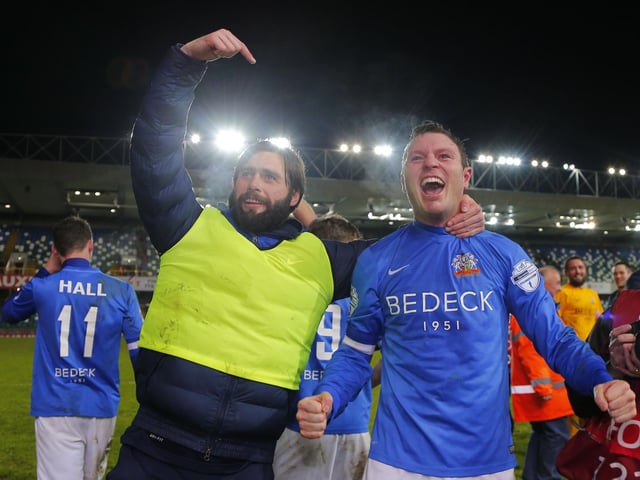 Gary Hamilton celebrates with Kevin Braniff after the forward scored four goals in their 4-3 2015/16 Irish Cup semi-final victory over Crusaders at Windsor Park