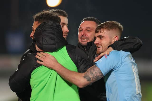 Ballymena United manager Jim Ervin celebrates with his players after the Boxing Day win against Coleraine as he takes his side to Glenavon this afternoon