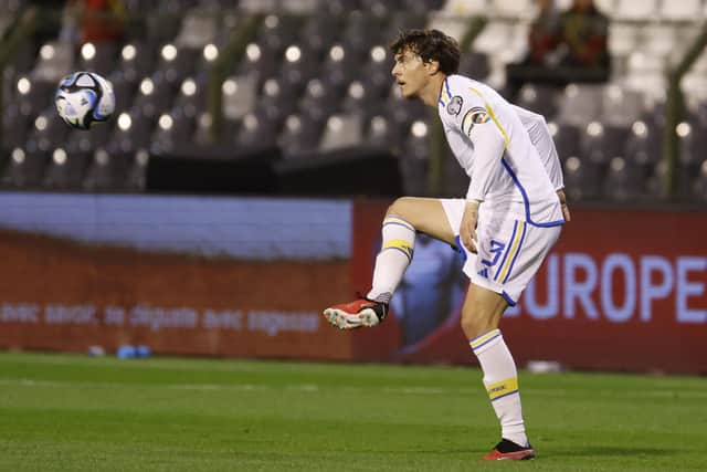 Sweden's Victor Lindelof in action during the Euro 2024 group F qualifying soccer match between Belgium and Sweden at the King Baudouin Stadium in Brussels