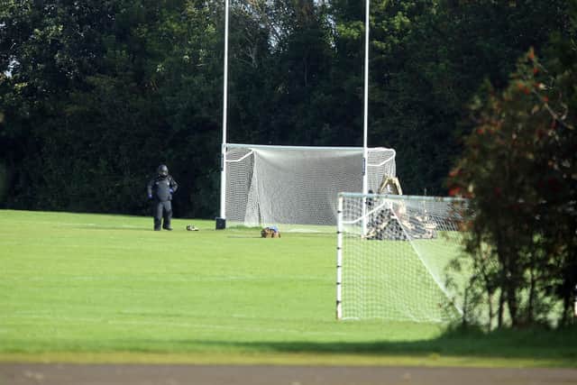 Church Road in Castlereagh was closed following the discovery of a suspicious object at playing fields in the area, which are used by East Belfast GAA. Pic: Pacemaker