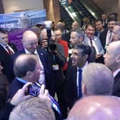 The prime minister Rishi Sunak, centre, and the Northern Ireland secretary, Chris Heaton-Harris, on Tuesday meet Northern Ireland Tories at the Heathrow Lounge in the Manchester Convention Centre for a reception by the NI Conservatives at the annual Tory conference. Pic by Ben Lowry