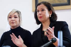 Sinn Fein President Mary Lou McDonald and Deputy President Michelle O’Neill at a press conference in their party room at Parliament Buildings at Stormont, east Belfast